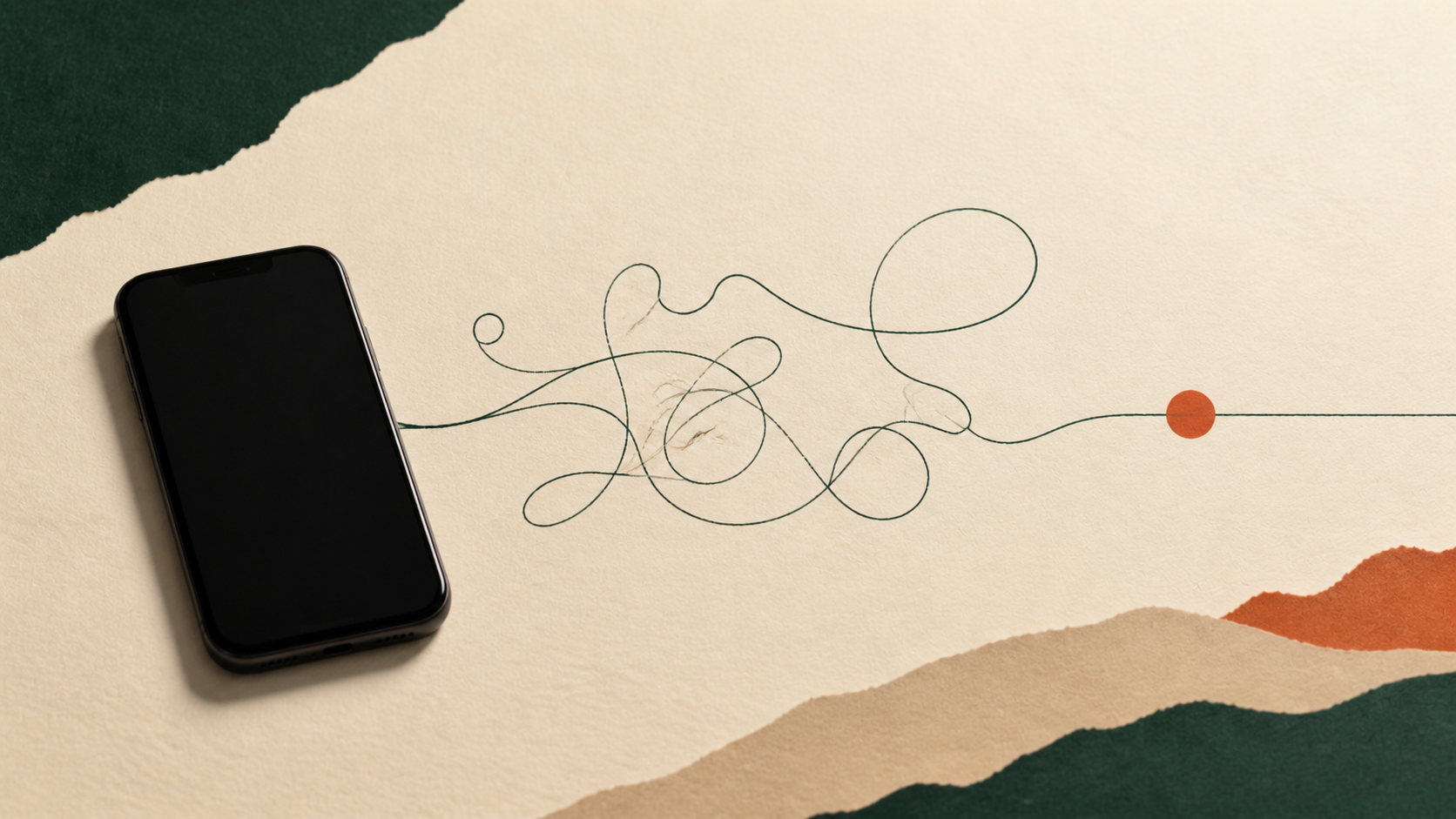 Un teléfono con la pantalla apagada junto a una línea enredada que termina ordenándose.